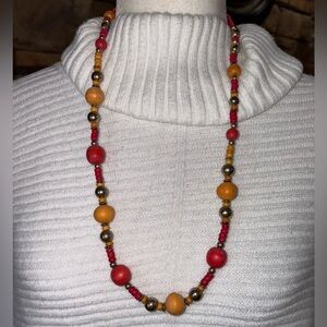 COLORFUL RED ORANGE AND GOLD BEADED NECKLACE